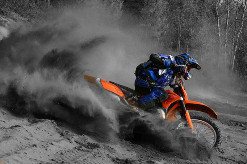 Motocross Rider on Dirt — Orange, Dynamic, Photograph, Dirt Bike, Dust Cloud