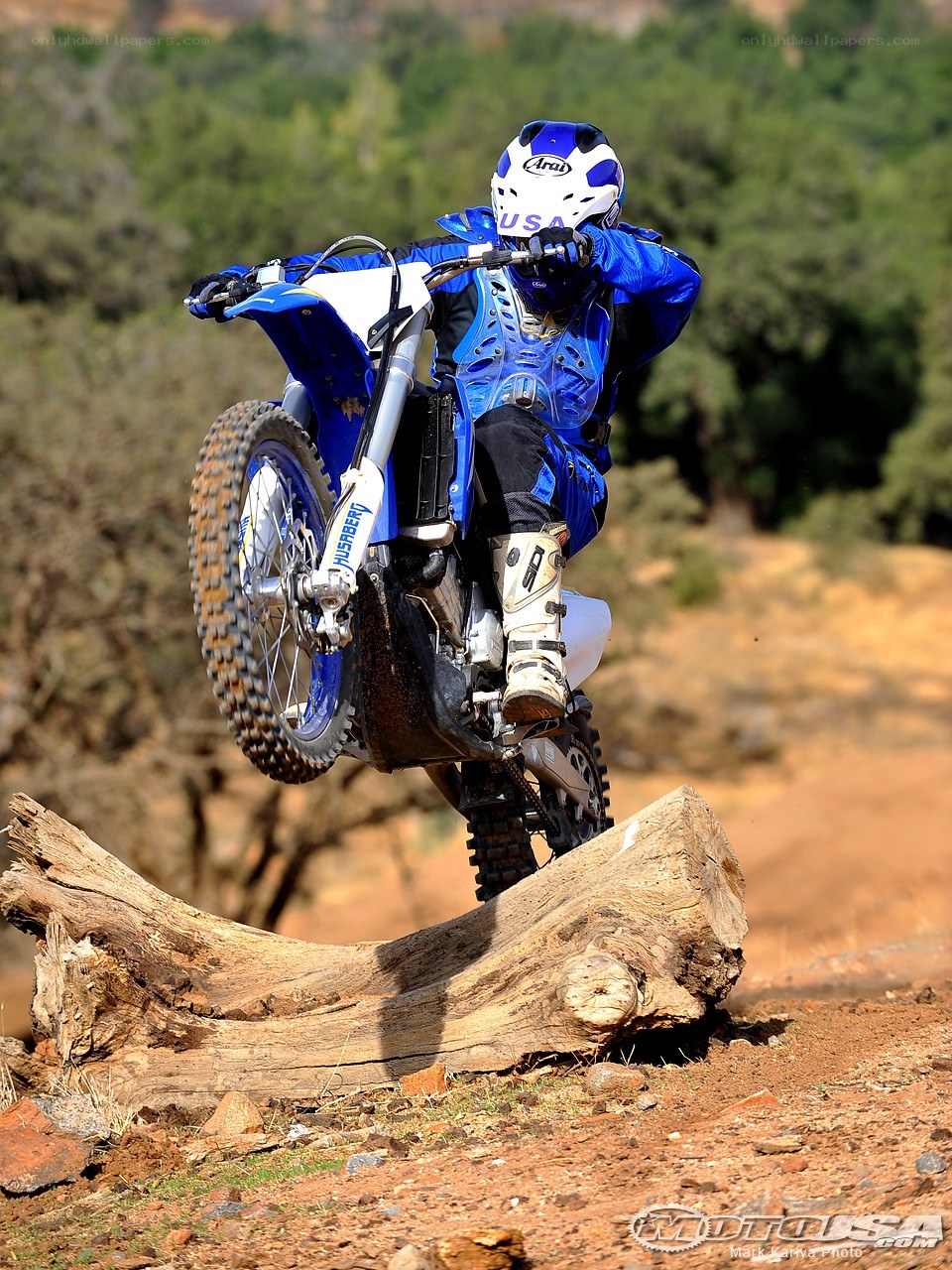 Motocross rider on log jump