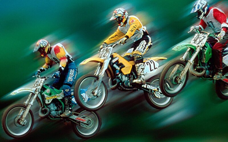 Motocross Riders in Action — Green, Dynamic, Photograph, Motorcycles, Helmets