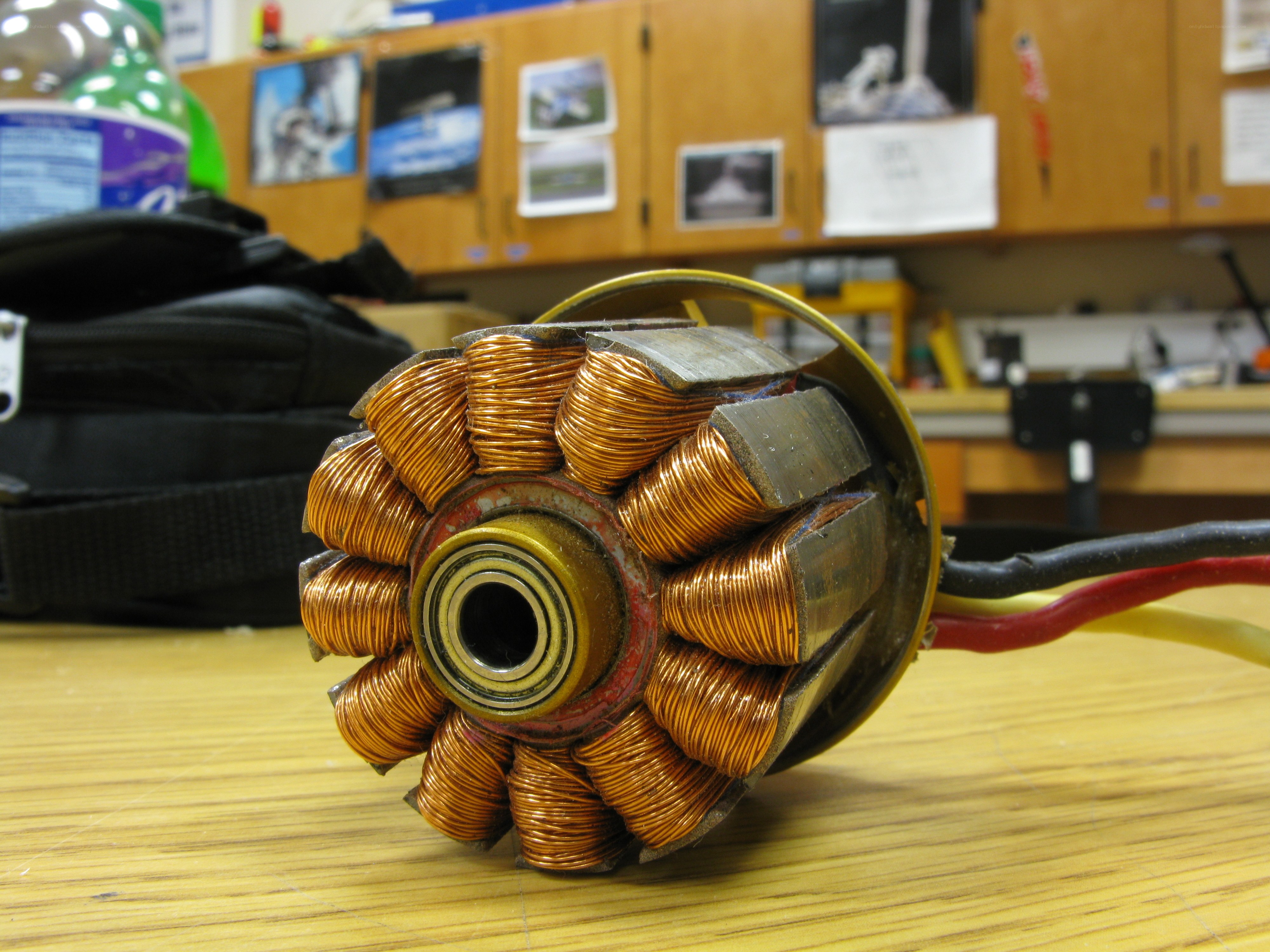 Motor stator on a workbench