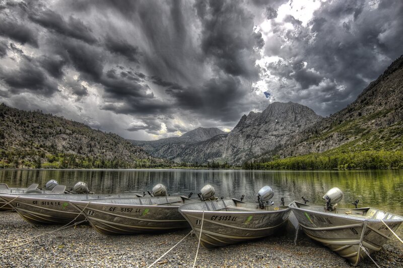 Motorboats on Lake Shore — Gray