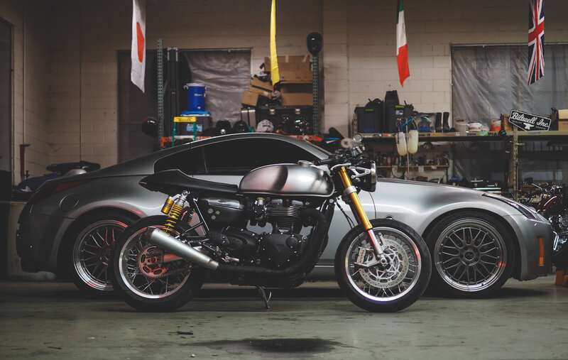 motorcycle and car in garage