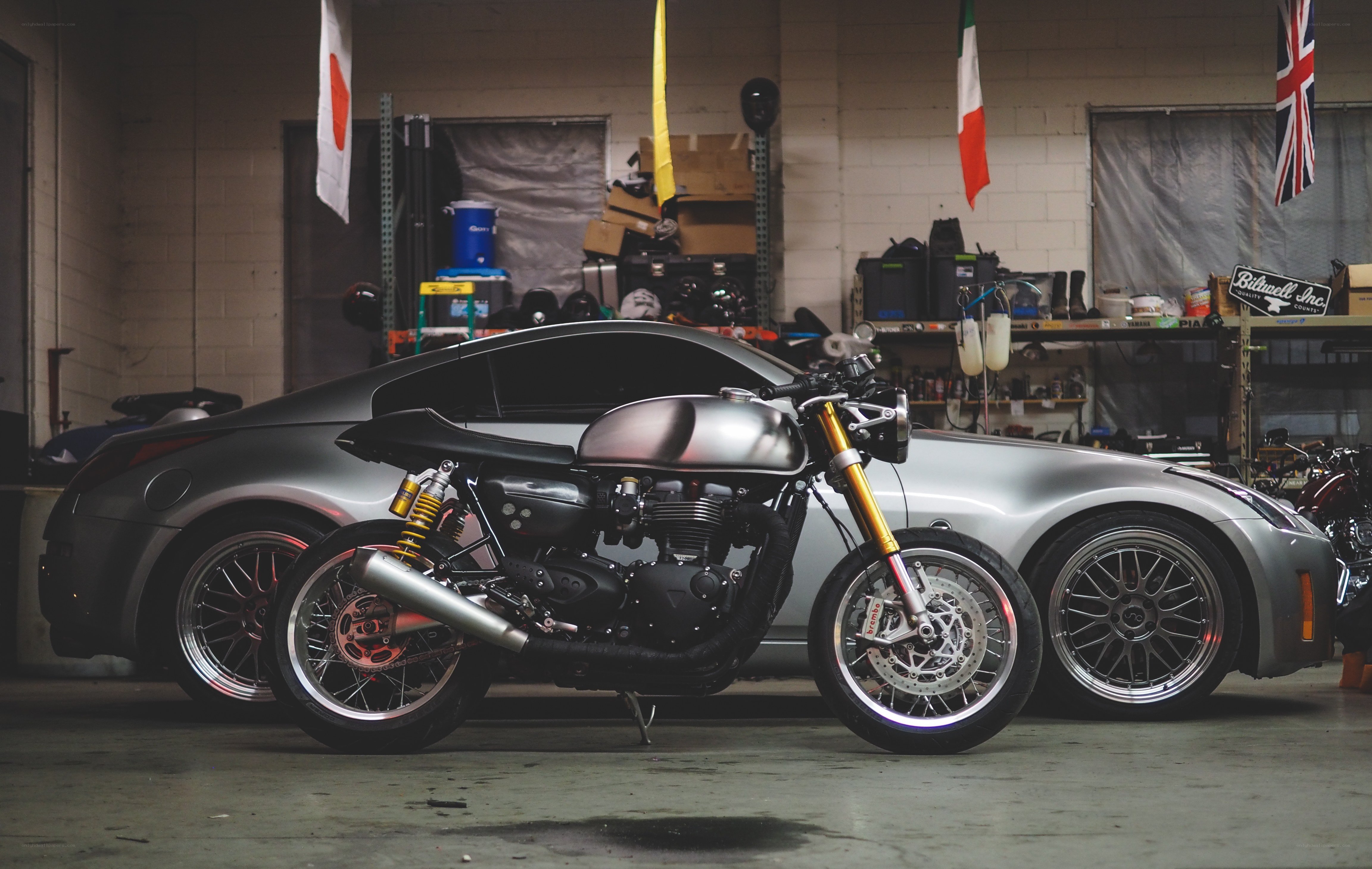 motorcycle and car in garage