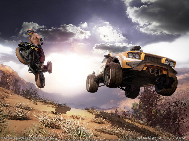 Motorcycle and car in mid-air jump
