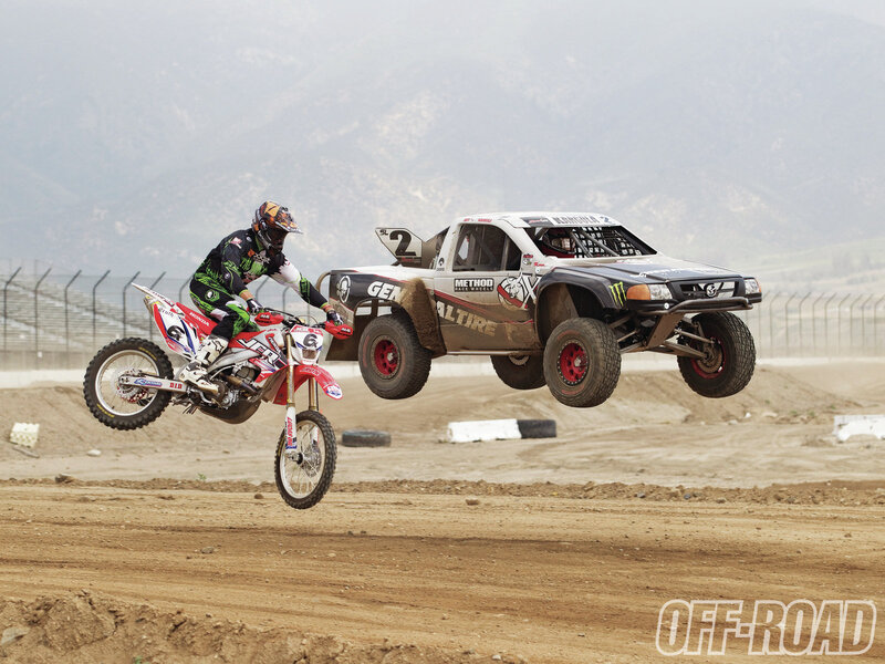 Motorcycle and Truck in Mid-air