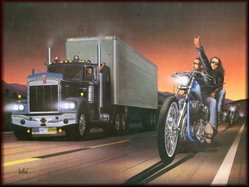 Motorcycle and Truck on Road
