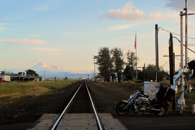 Motorcycle at Railroad Crossing