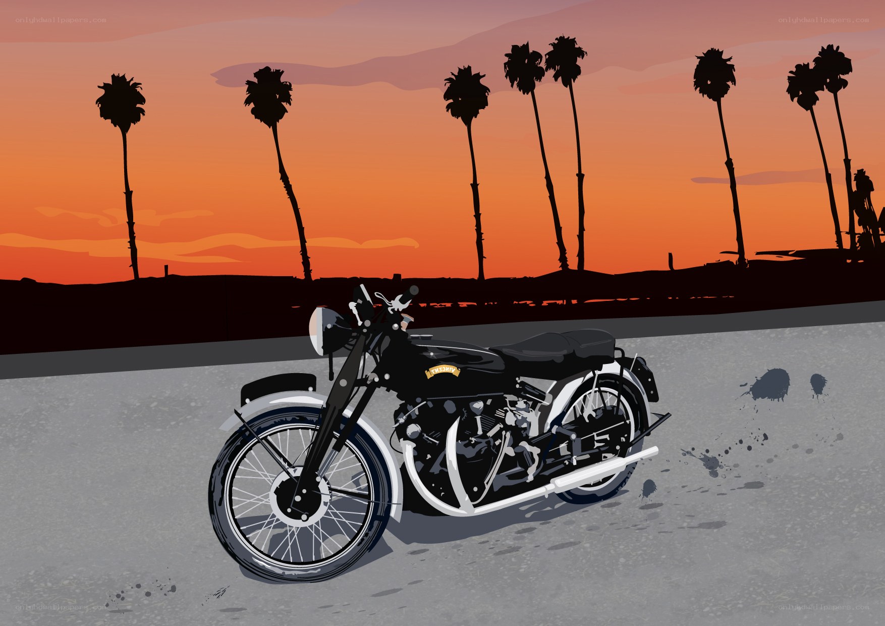 motorcycle at sunset with palm trees