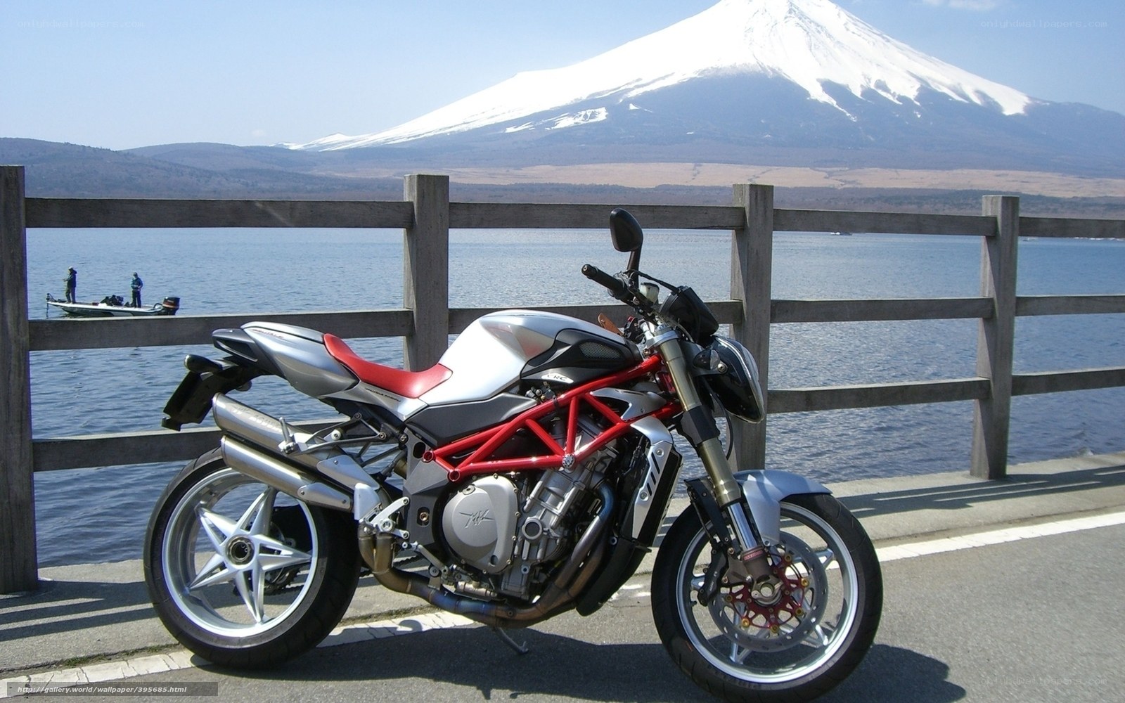 Motorcycle by Lake with Mount Fuji