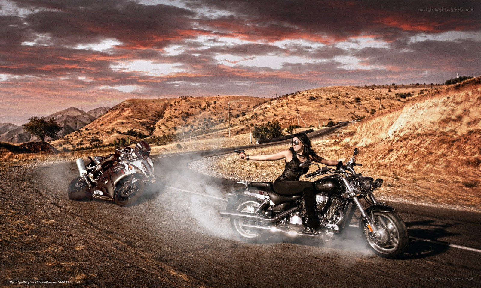 Motorcycle chase at sunset