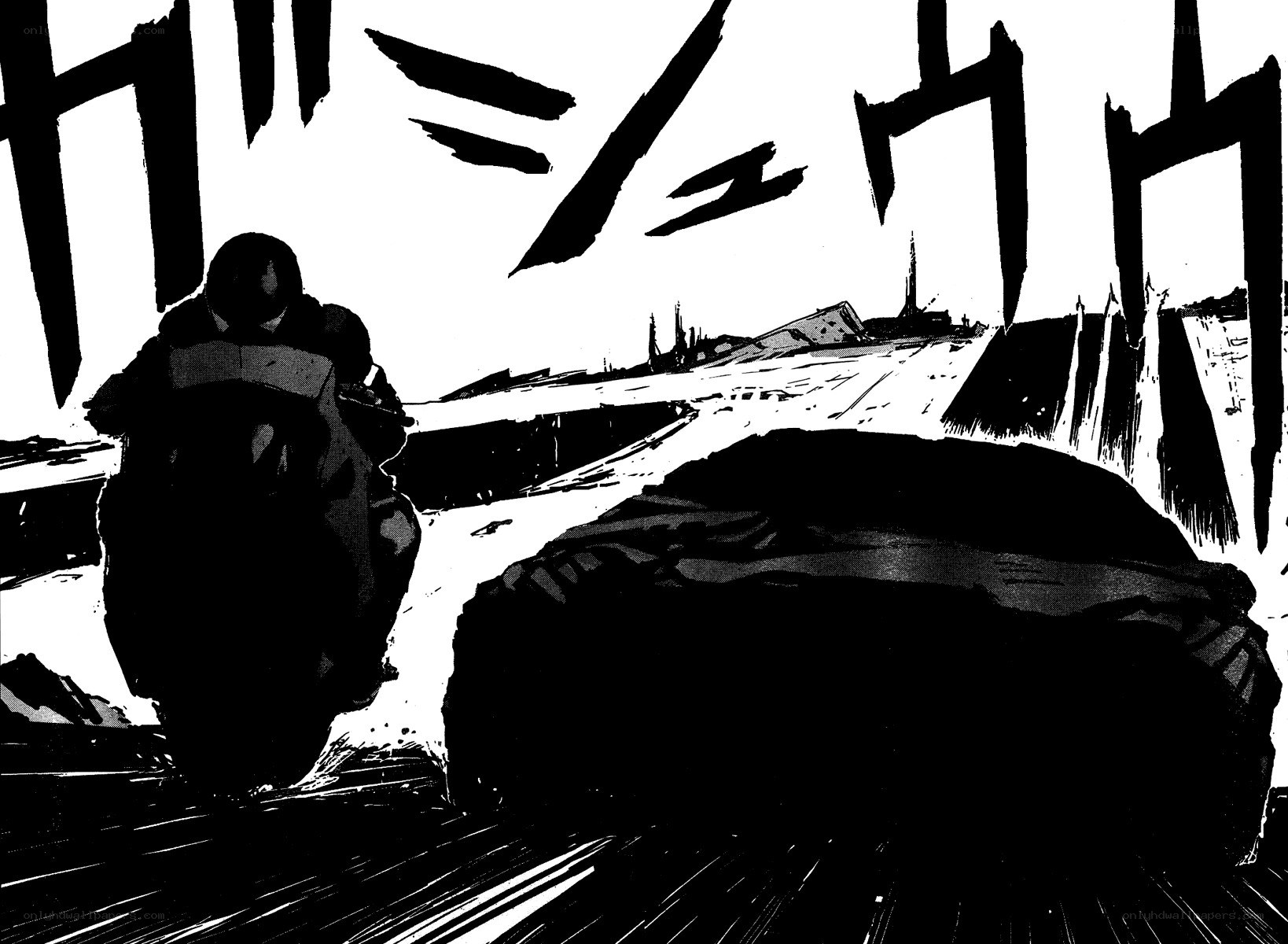 motorcycle chase in black and white