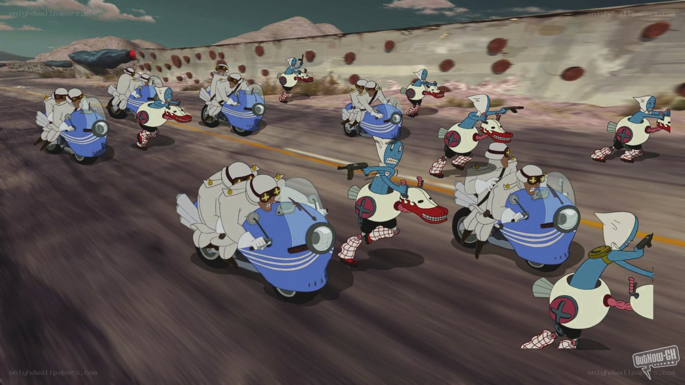 motorcycle chase in desert