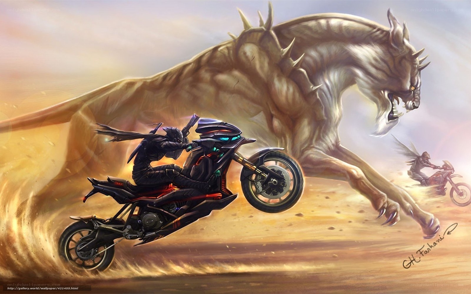 motorcycle chase with monster