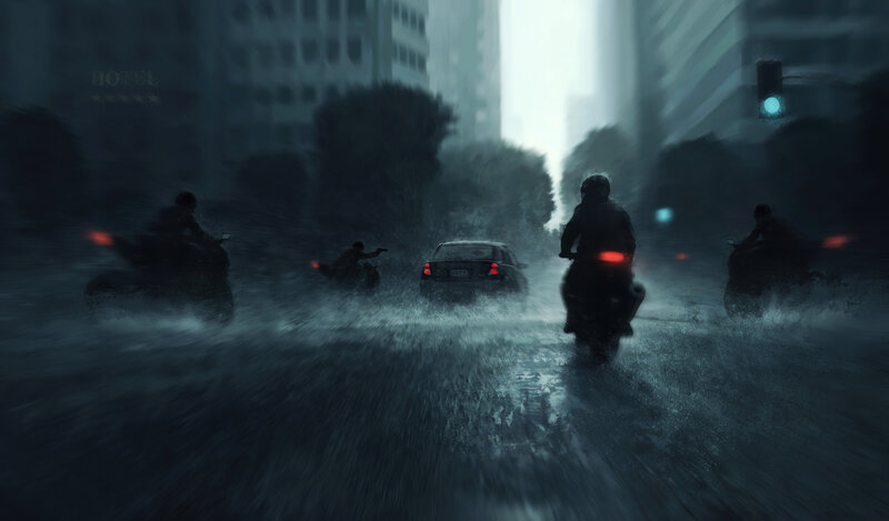 Motorcycle Convoy in Rain
