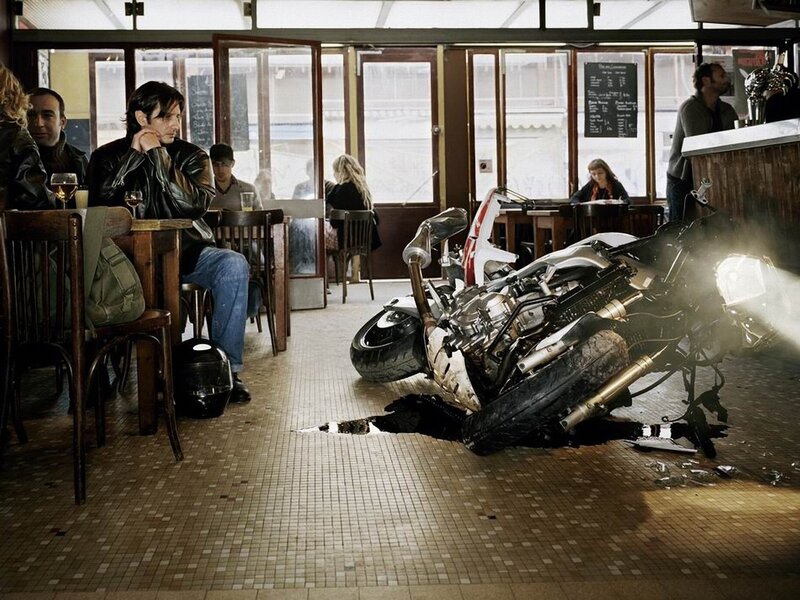 Motorcycle crash in a cafe