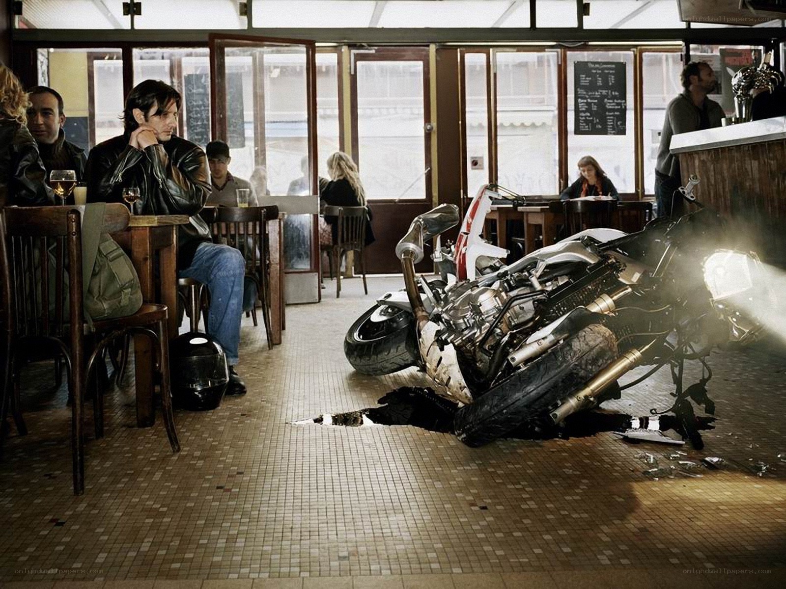 Motorcycle crash in a cafe