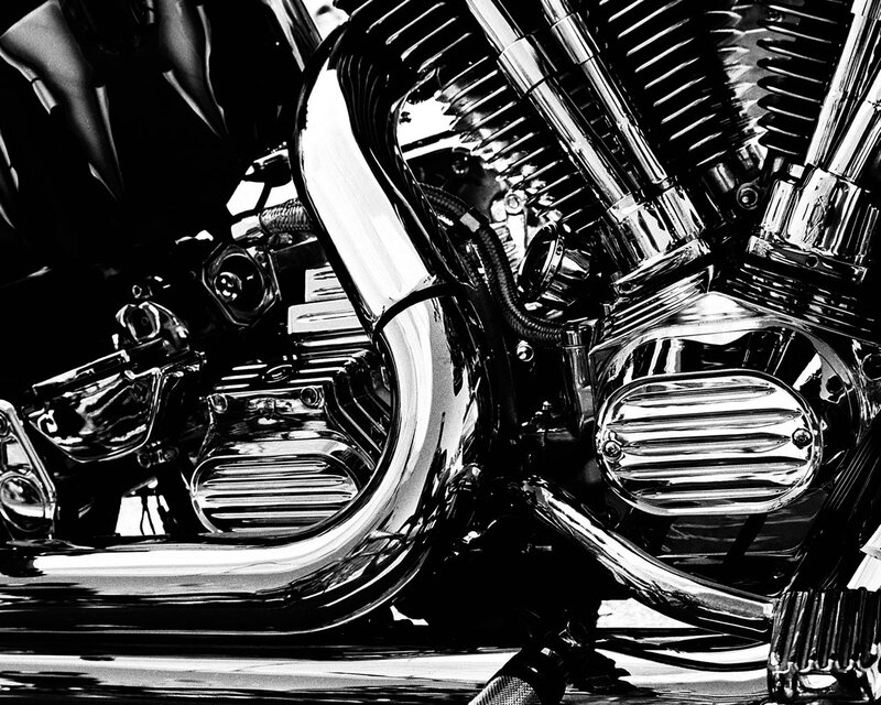 Motorcycle Engine Details — Black, Dramatic, Photograph, Chrome Parts