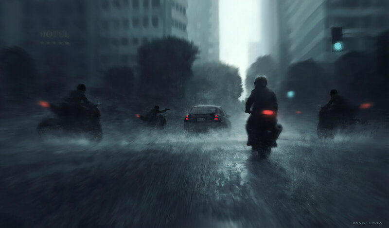Motorcycle Gang in Rain