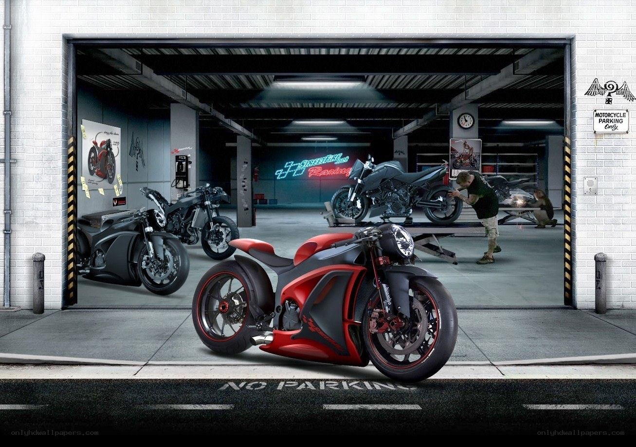 Motorcycle garage with custom bikes