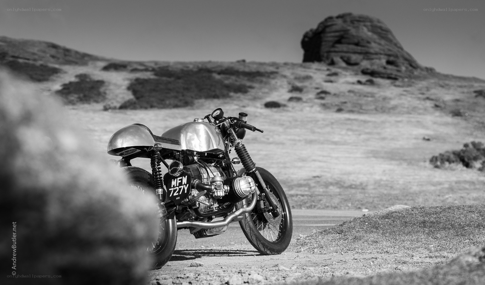 Motorcycle in a rugged landscape