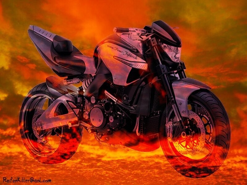 motorcycle in fiery sky