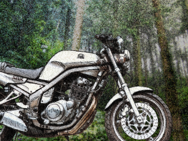 motorcycle in forest sketch