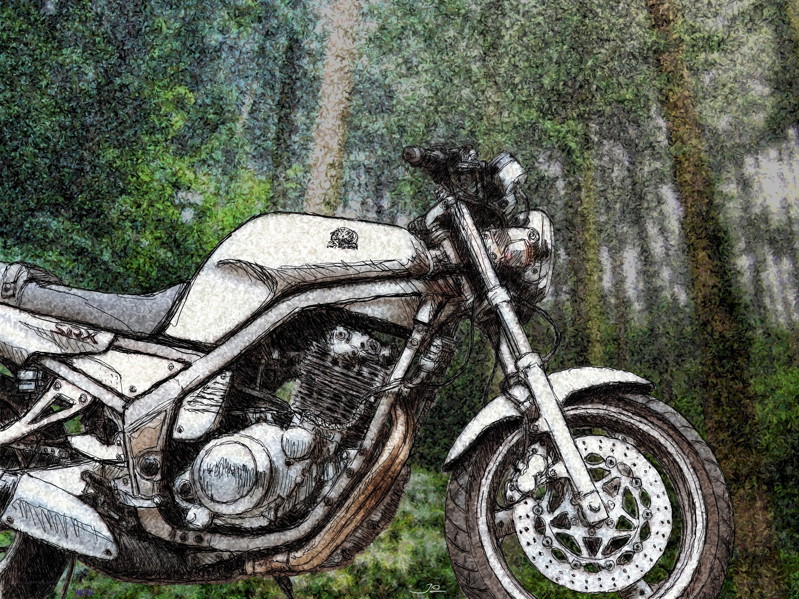 motorcycle in forest sketch