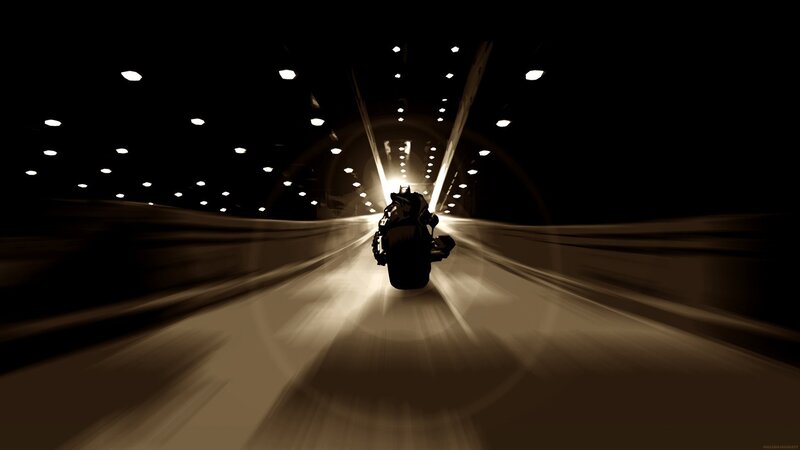 Motorcycle in Tunnel — Black, Dramatic, Night, Digital Art, Lights, Motion Blur