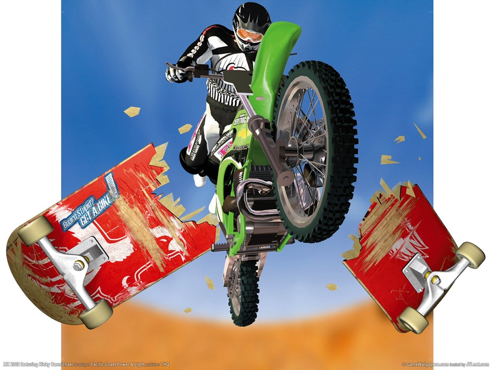 Motorcycle jumping over skateboards