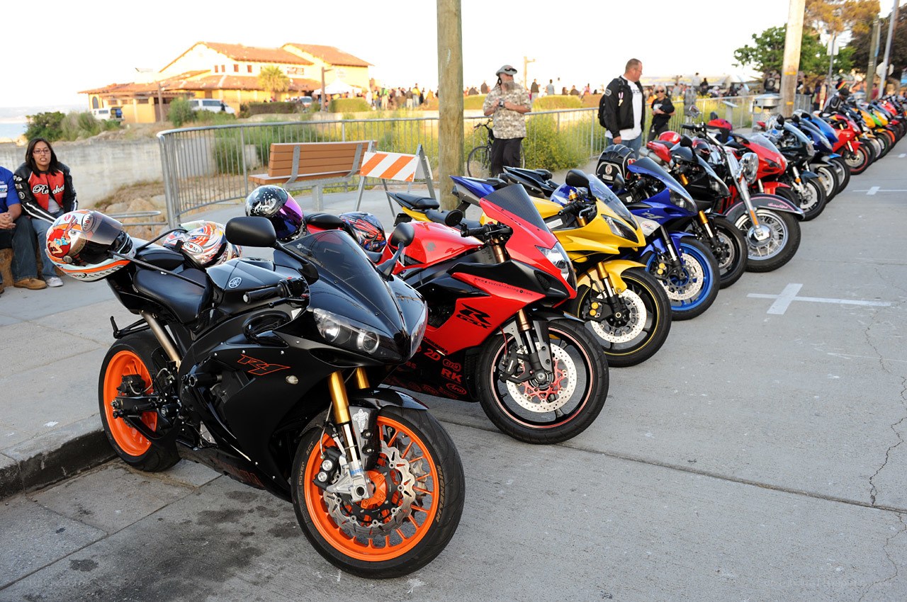 motorcycle lineup at beach event
