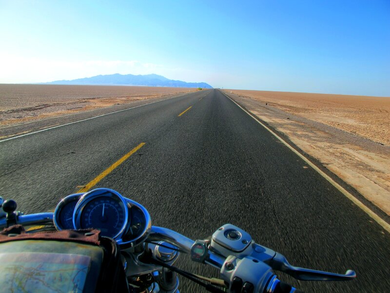 Motorcycle on Desert Road — Blue, Open, Afternoon