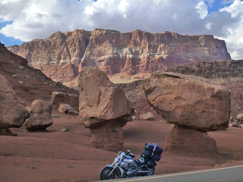 Motorcycle on Desert Road — Brown, Dramatic