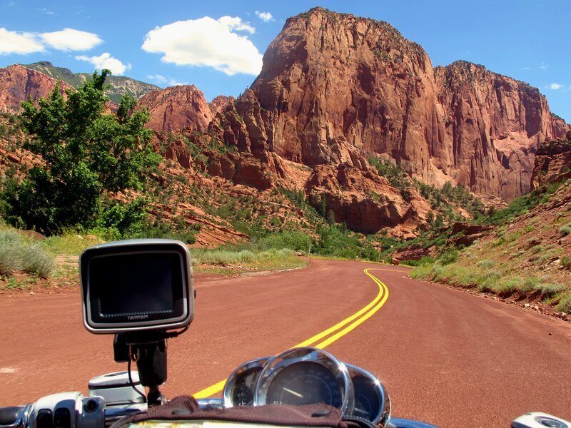 Motorcycle on Desert Road — Red