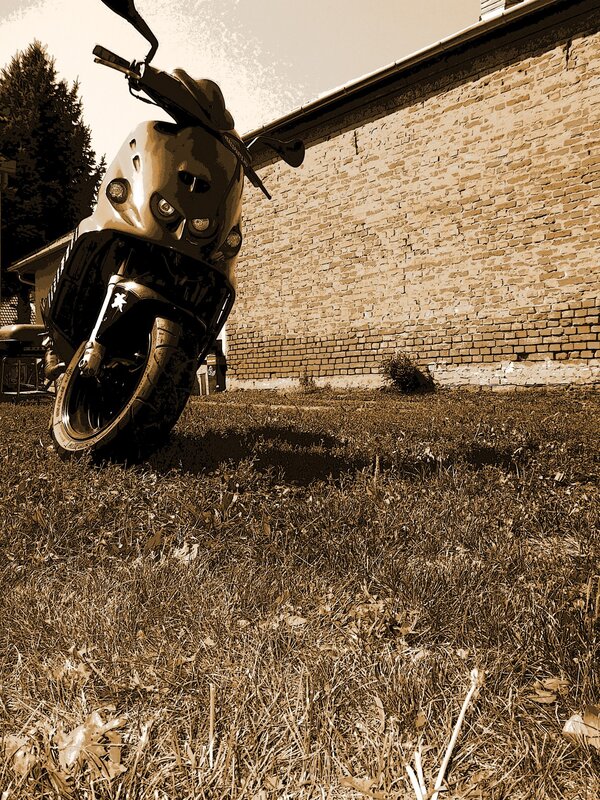 motorcycle on grass near brick wall