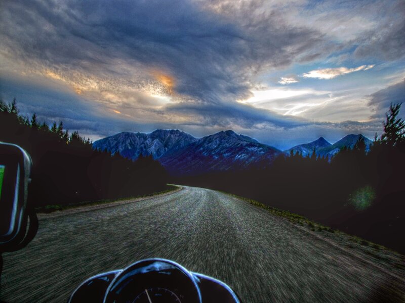 Motorcycle on Mountain Road — Blue, Dramatic