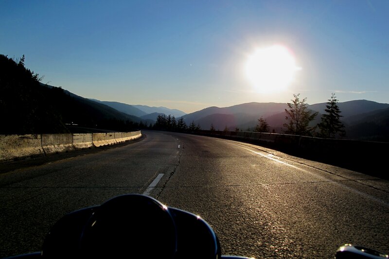 Motorcycle on Mountain Road — Blue, Serene, Sunset