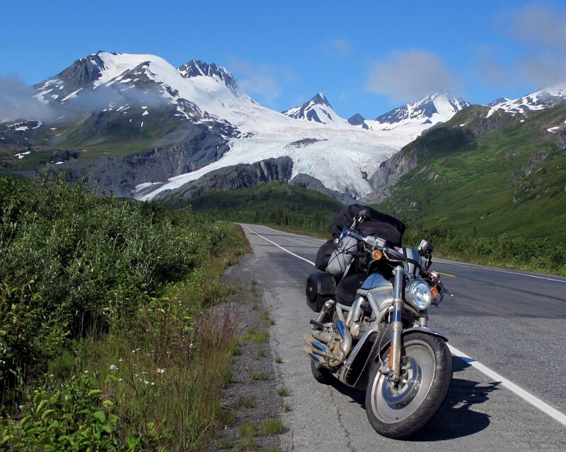 Motorcycle on Mountain Road — Blue, Serene