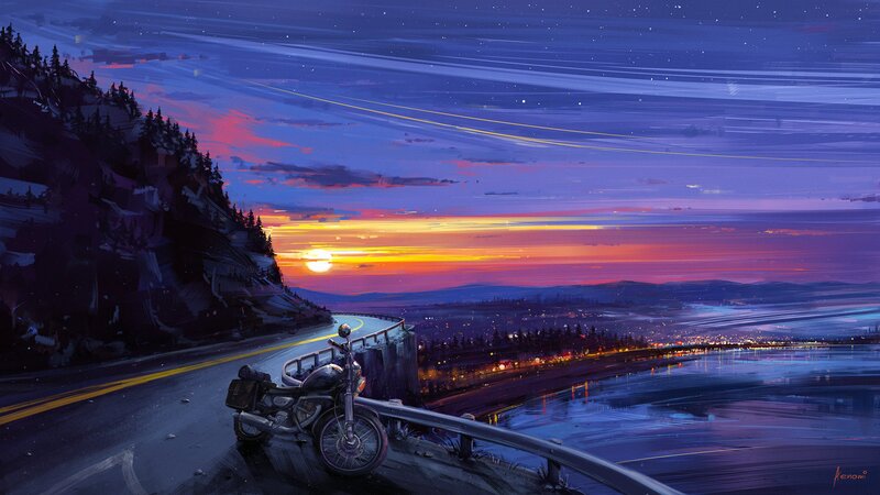 Motorcycle on Mountain Road — Purple