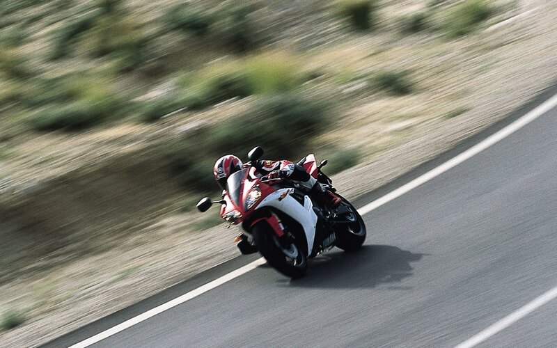 Motorcycle on Road — Red, Dynamic, Afternoon, Photograph