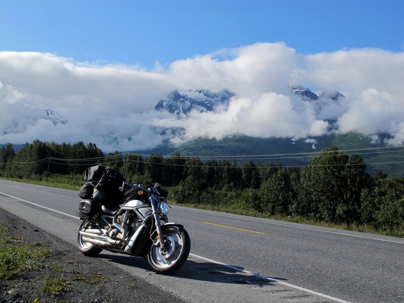 Motorcycle on Roadside — Blue, Serene, Afternoon