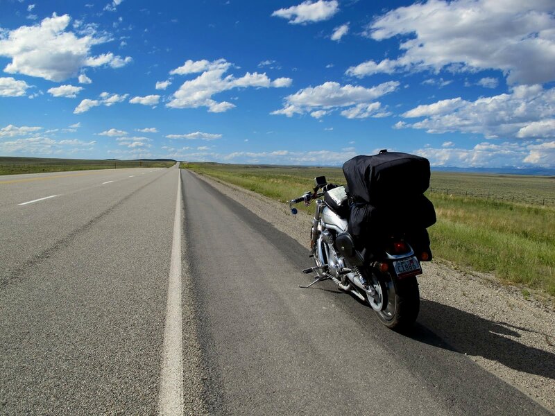 Motorcycle on Roadside — Blue, Serene