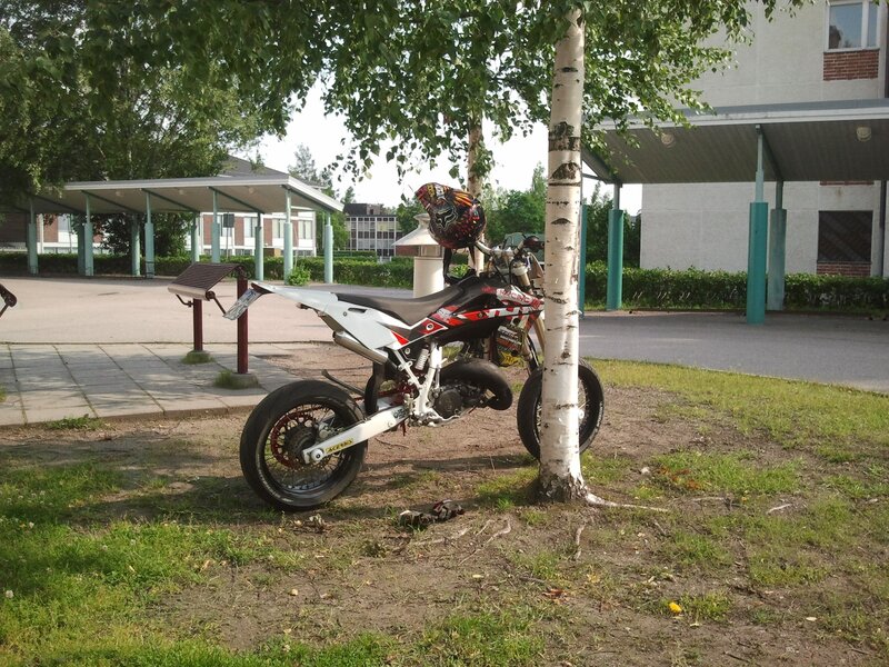 Motorcycle parked by a tree