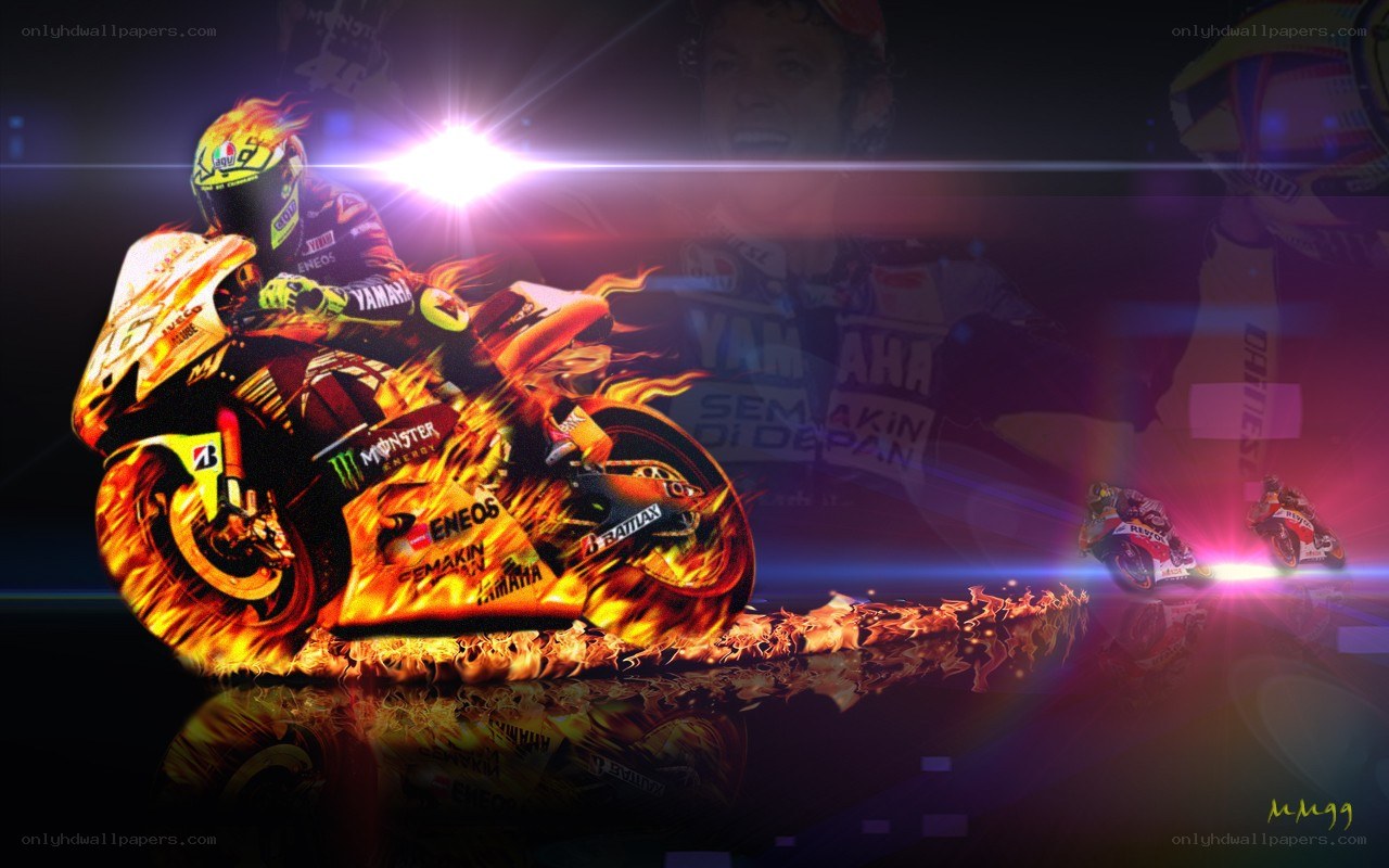 Motorcycle racer in flames