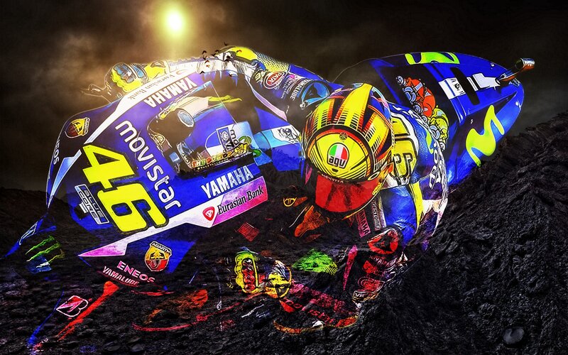 Motorcycle Racer on Bike — Blue, Dramatic, Night