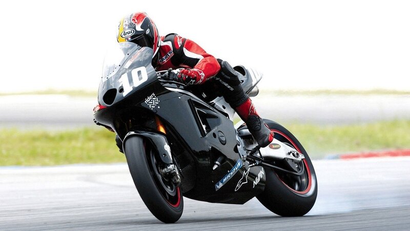 Motorcycle Racer on Track — Black, Dynamic, Photograph, Racing Suit, Helmet, Red, White