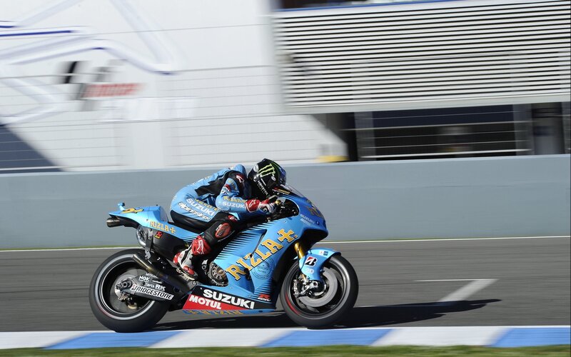 Motorcycle Racer on Track — Blue, Dynamic, Afternoon, Photograph, Racetrack, Building