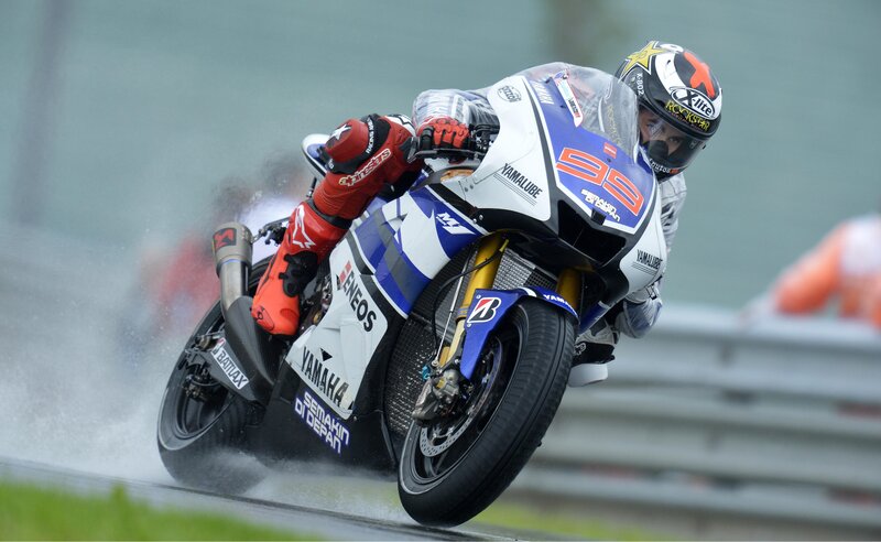 Motorcycle Racer on Track — Blue, Dynamic, Photograph, Racing Bike, Helmet, White, Red