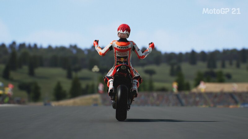 Motorcycle Racer on Track — Red, Celebratory