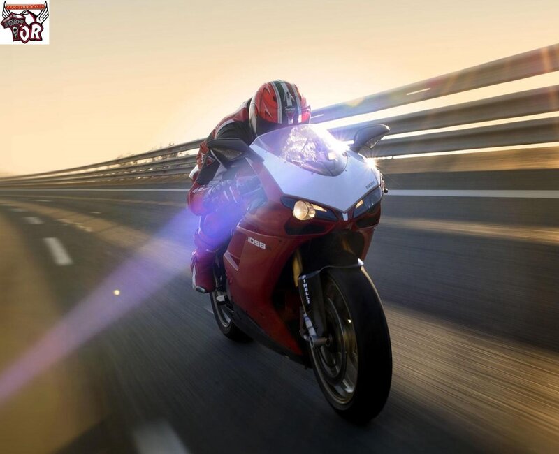 Motorcycle Racer on Track — Red, Dynamic, Sunset