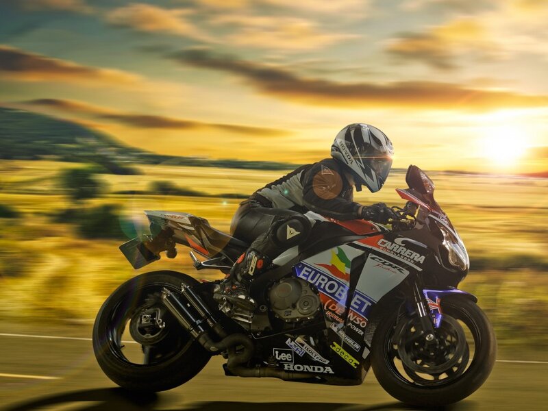 Motorcycle Racer on Track — Yellow, Dynamic, Sunset